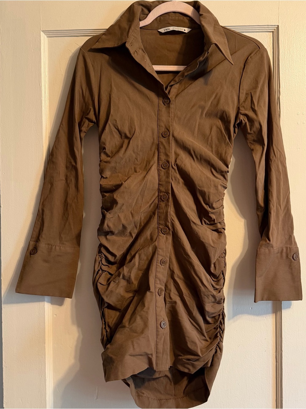 Zara Brown Button-Up Shirt-style Stretch Mini Dress